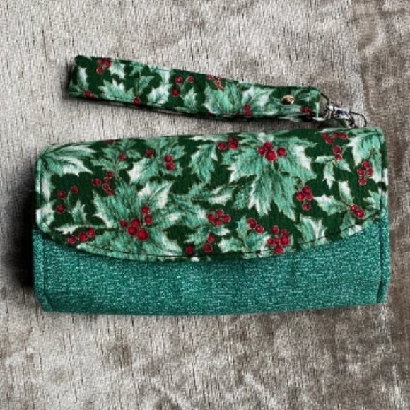 Holly Berries handmade wallet Cotton Clutch Winter Holiday Green